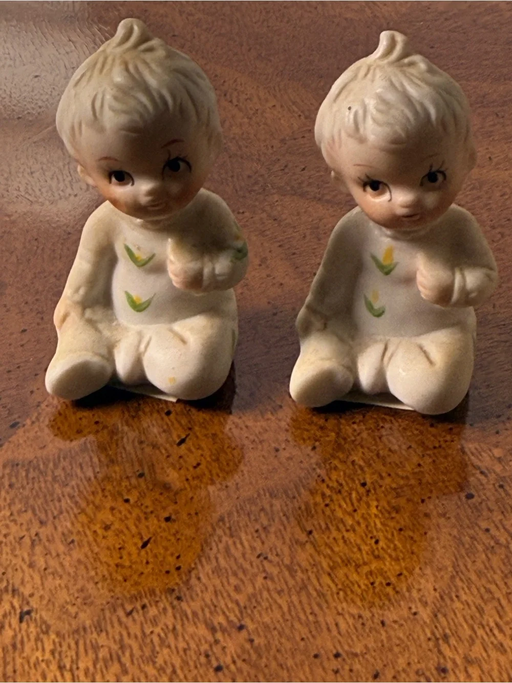Porcelain Baby Boy Figurines Sitting Bisque Miniature Figure Flower Pajamas Vtg
